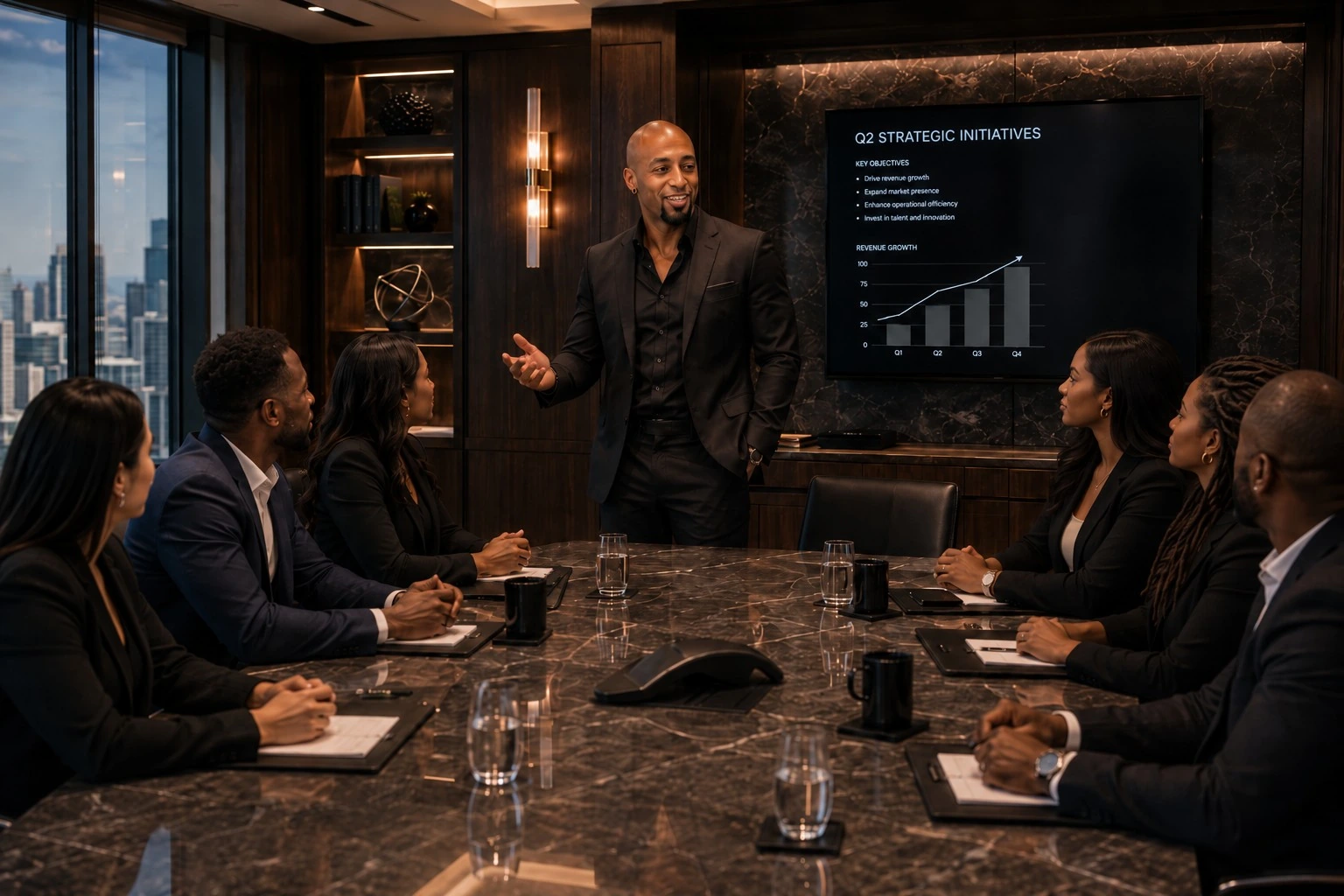 Illustrative scene of a professional business strategy discussion in an executive boardroom